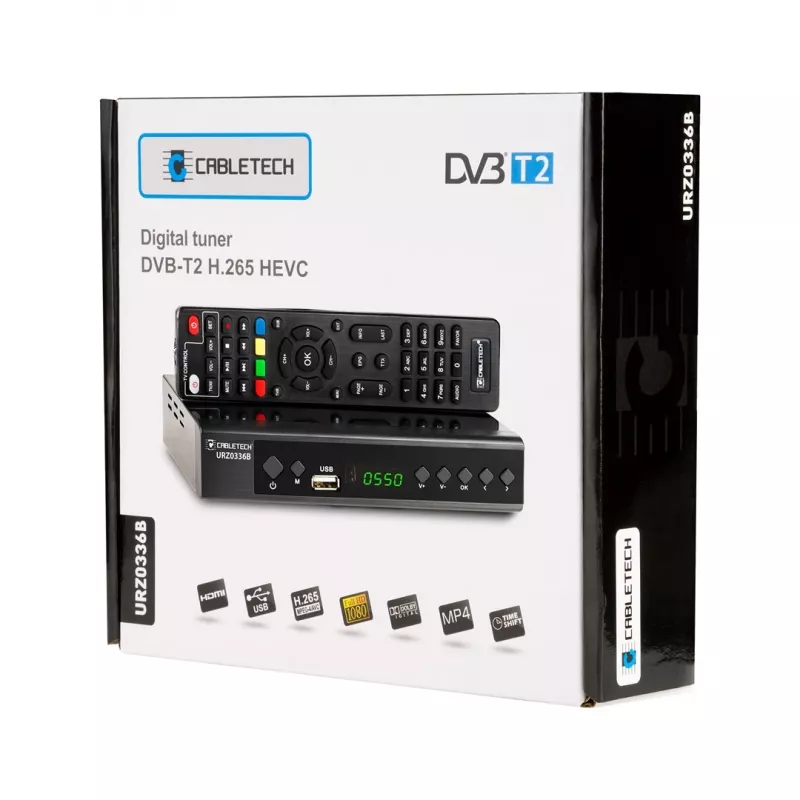 Digitālās TV uztvērējs Cabletech URZ0336C DVB-T/T2 H.265 virszemes tunieris, 470–862 MHz, 1 uztvērējs, HDMI, USB, SCART