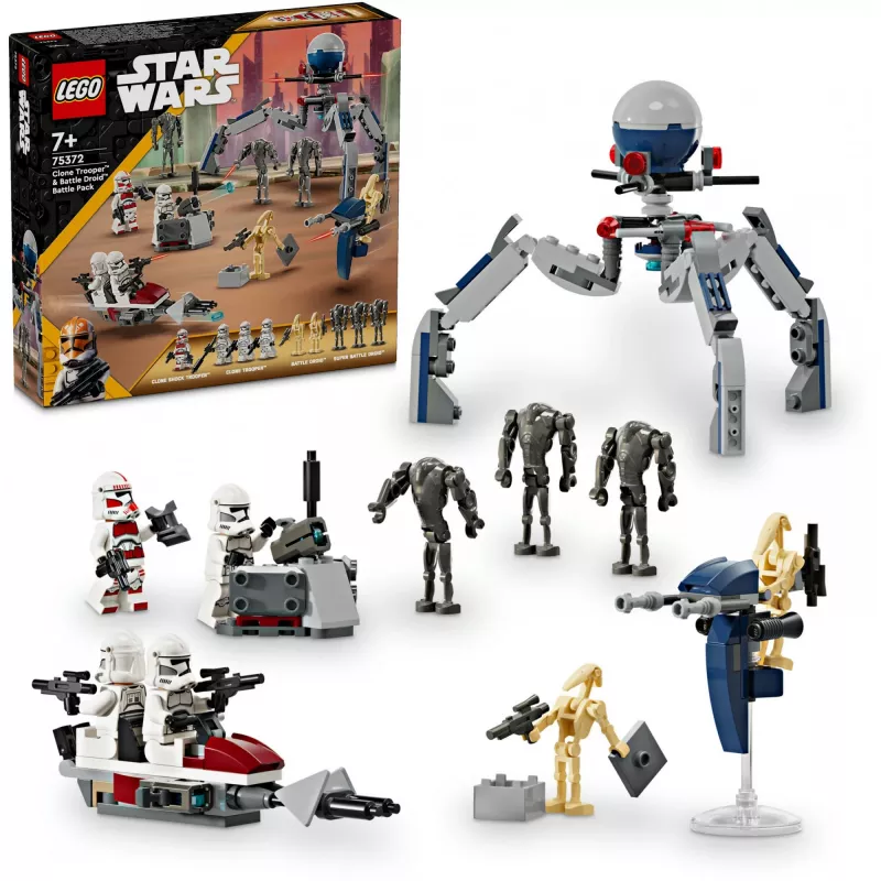 LEGO Star Wars Clone Trooper & Battle Droid Battle Pack konstruēšanas rotaļlietas bērniem ar spīdveja motocikla transportlīdzekli, 4 minifigūras un 5 figūras, dāvanas zēniem