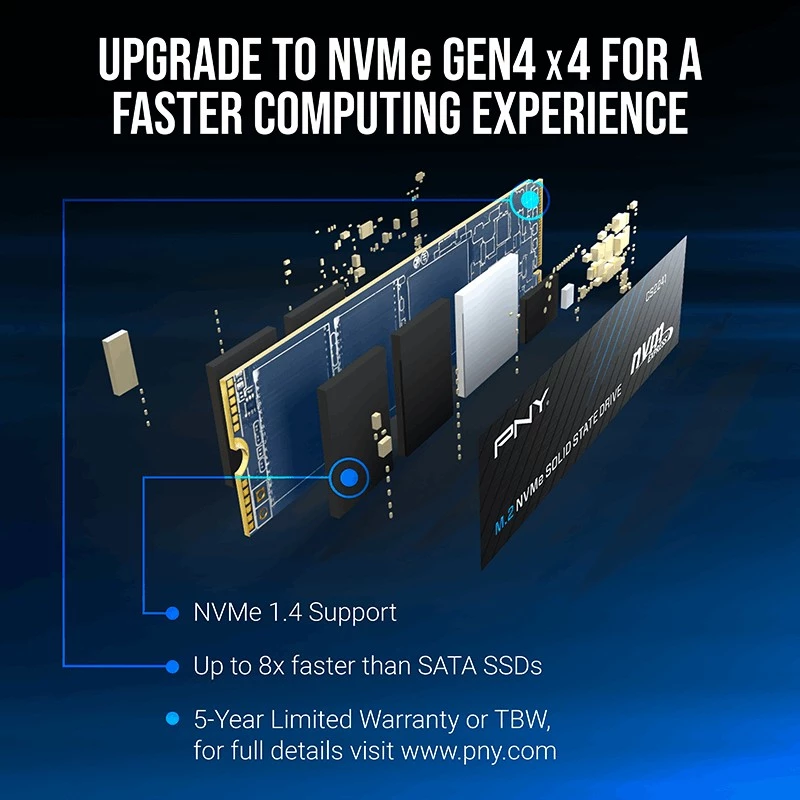 SSD PNY CS2241 M.2 NVMe PCIe 4.0 1TB — lasīšana 5100 MB/s, rakstīšana 3200 MB/s