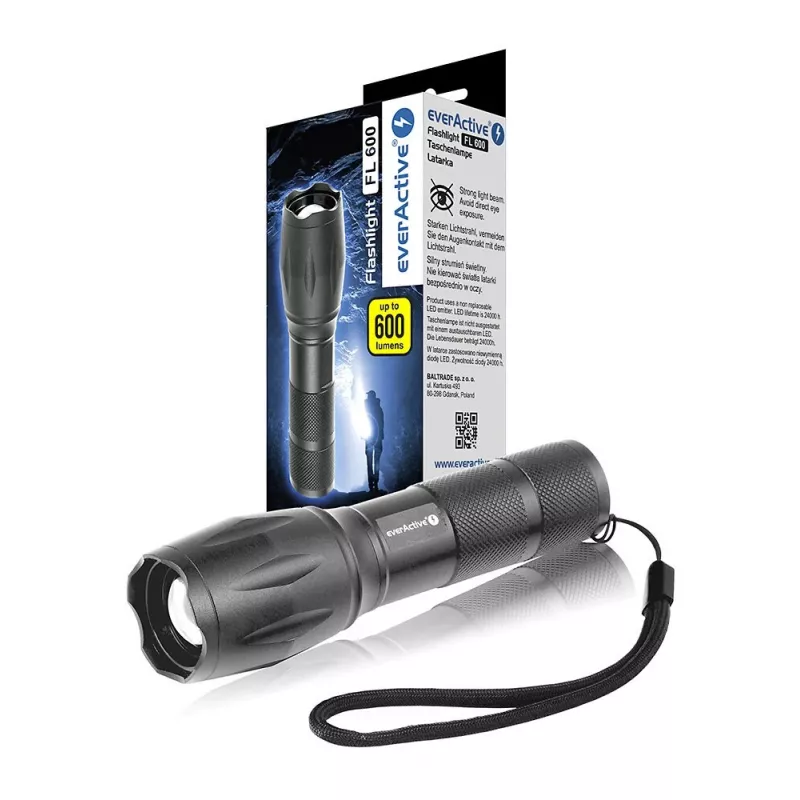 Kabatas lukturītis everActive FL600 — 600 lm, 10 W, alumīnija korpuss, IPX4, 130 mm, 3×AAA, sarkans
