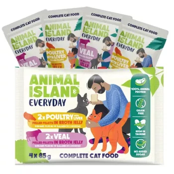 Slapjā kaķu barība animal island Everyday — Teļa gaļa un mājputnu gaļa ar aknām, 4 x 85 g paciņas, 9,5% olbaltumvielu, 83% mitruma