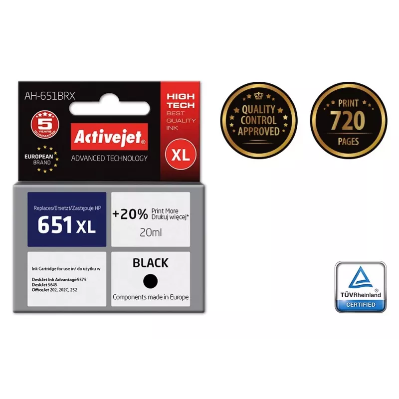 Activejet AH-651BRX tinte (aizstāj HP 651 C2P10AE; Premium; 20 ml; melna)