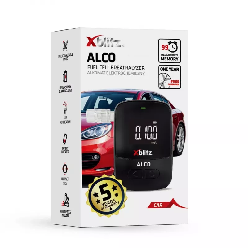 Rokas elektroķīmiskais alkohola testeris Xblitz ALCO — BAC 0–4%, precizitāte 0,05%, LCD, 5 iemuti, 2×1,5V baterijas