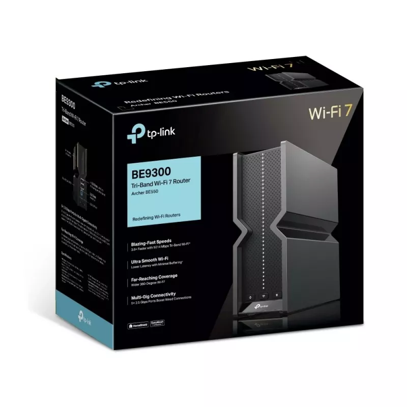 TP-Link Archer BE9300 trīsjoslu Wi-Fi 7 maršrutētājs, Wi-Fi 7 (802.11be), trīsjoslu (2.4 GHz / 5 GHz / 6 GHz), Ethernet LAN, Melns, galda maršrutētājs