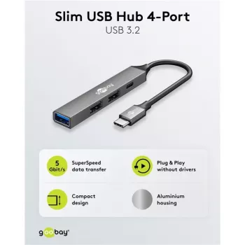 Goobay Slim 4 portu USB centrmezgls, USB-C™ uz USB-C™/USB-A, USB 3.2 (74459)