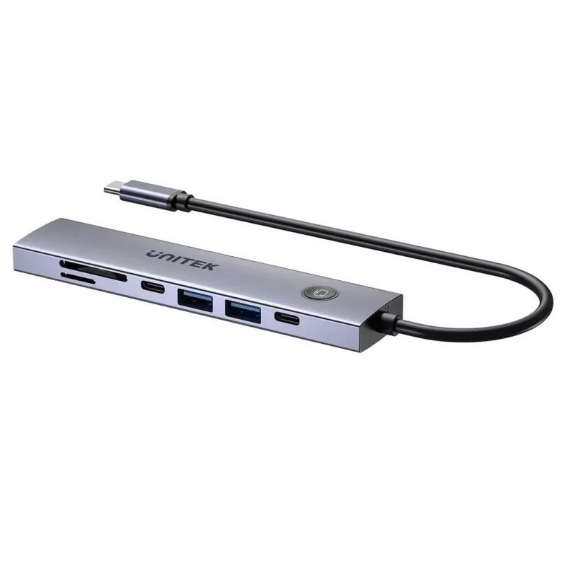 USB-C centrmezgls Unitek H1124AGY01 ar 100W PD, HDMI 2.0, 2x USB‑A, 2x USB‑C, SD/microSD lasītāju — alumīnija