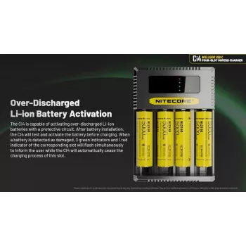 Akumulatora lādētājs Nitecore Ci4 — universāls USB lādētājs litija jonu / NiCd / NiMH akumulatoriem, 5/9/12V ieeja, 3A, plastmasa, 0,1914 kg