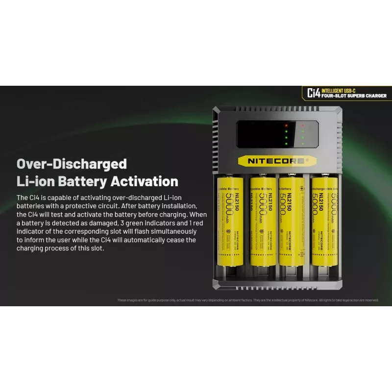 Akumulatora lādētājs Nitecore Ci4 — universāls USB lādētājs litija jonu / NiCd / NiMH akumulatoriem, 5/9/12V ieeja, 3A, plastmasa, 0,1914 kg
