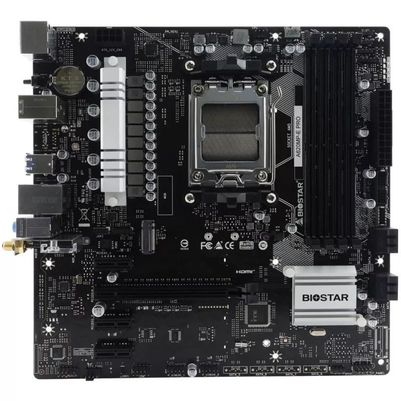Mātesplate BIOSTAR A620MP-E PRO — AMD A620 microATX, Socket AM5, DDR5, 4 DIMM, max 128 GB, 2.5Gb LAN