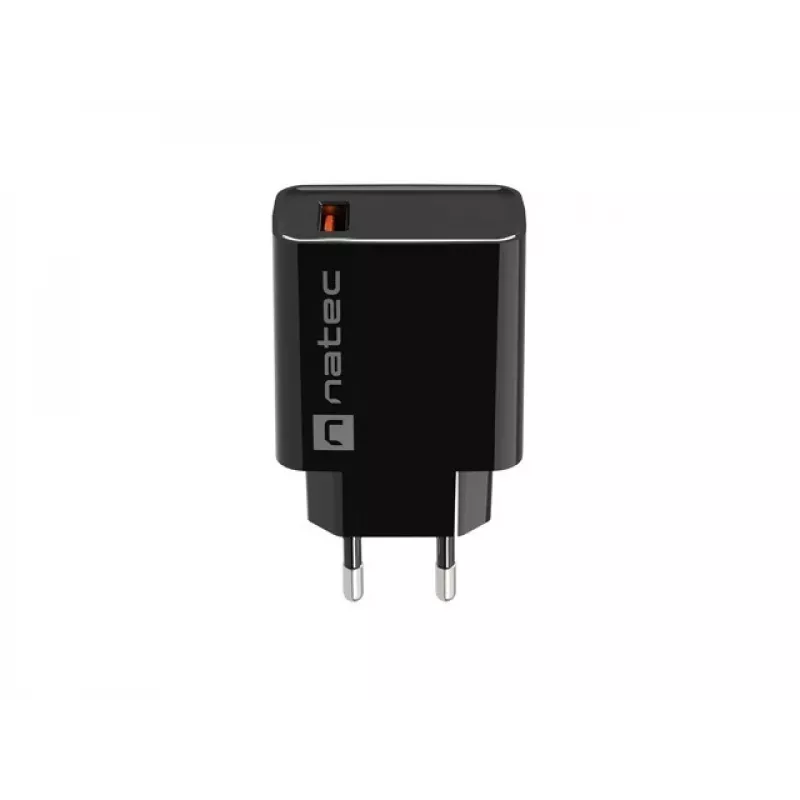 NATEC maiņstrāvas ātrās uzlādes iekštelpu vadu lādētājs Ribera — 18W (5–15V, līdz 3A), 1× USB-A, Huawei FCP/SCP, melns