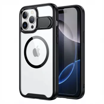 GUAN aizsargmaciņš Apple iPhone 16 Plus ar 10H rūdītu stiklu un balsta kājiņu, caurspīdīga aizmugure ar melnu rāmi