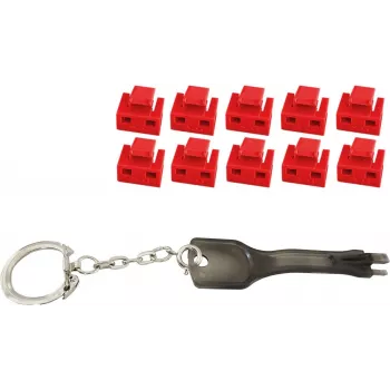 RJ45 Port Blocker ShiverPeaks BS08-01033 — sarkans iepakojums ar 10 bloķētājiem un 1 galveno atslēgu