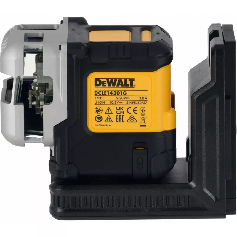 Bezvada daudzlīniju lāzers DeWalt DCLE14301GB 3×180° krustlīnija, 18V, zaļas līnijas, integrēts Powerstack Li-Ion akumulators