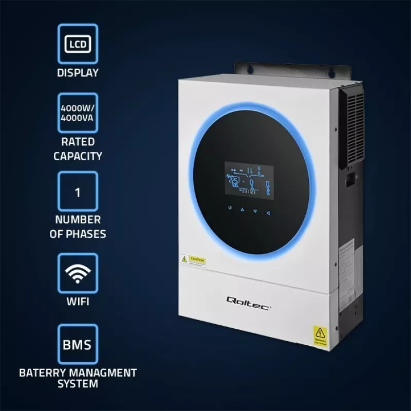 Qoltec, sprieguma pārveidotājs, hibrīda saules invertors Off-Grid 4kVA 4kW 120A MPPT LCD Wi-Fi BMS Sinus