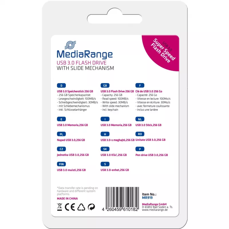 MediaRange - USB Flash Drive - 256GB - USB3.0 - Melns, Silver (MR919)
