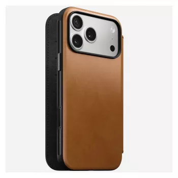 Mobilo tālruņu apvalks Nomad Modern Leather Folio vāciņš iPhone 17 Pro Max — brūngans, der līdz 17,5 cm (6,9 collu) ekrānam, 4 karšu kabatas