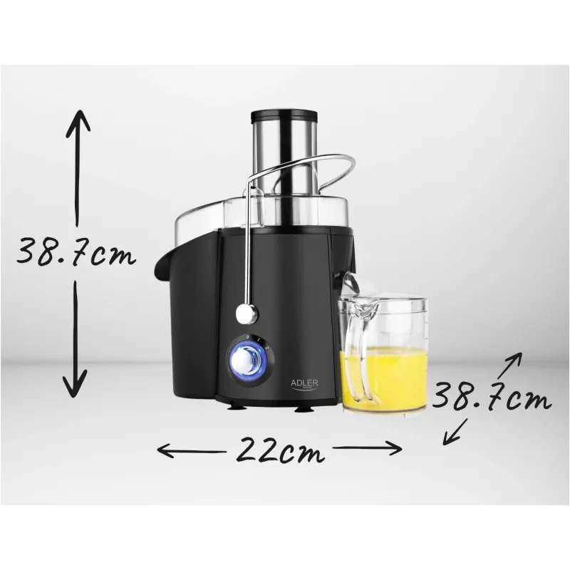Centrifūgas sulu spiede Adler AD 4127 — 1000 W, melna, sulas trauks, 3,9 kg