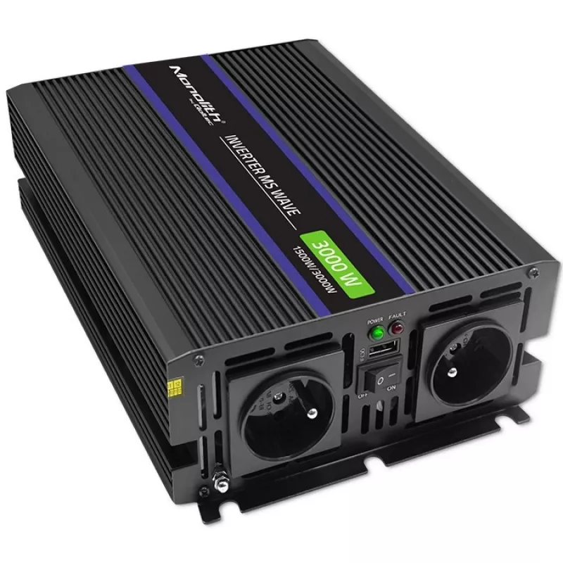 Jaudas pārveidotājs QOLTEC Monolith 3000 MS Wave, 12V→230V, 1500/3000W, ar USB