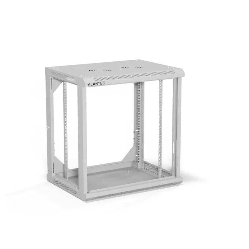 Pie sienas stiprināms 19 collu skapis Alantec 12U 600x450 mm, vienas stikla durvis, noņemami pilnaizmēra aizmugures un sānu paneļi, bloķējams, 4 montāžas sliedes, pelēks, plakanā iepakojumā