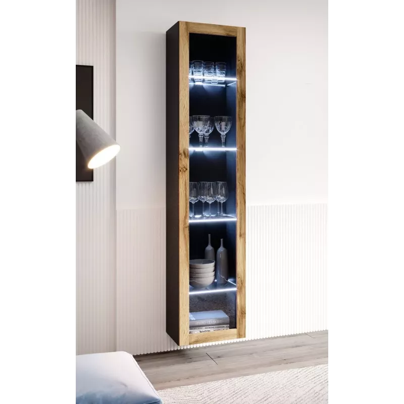 Vitrīna Cama Meble VIGO 180 pie sienas stiprināma stikla vitrīna 1800×400×300 mm melna/wotan ozols