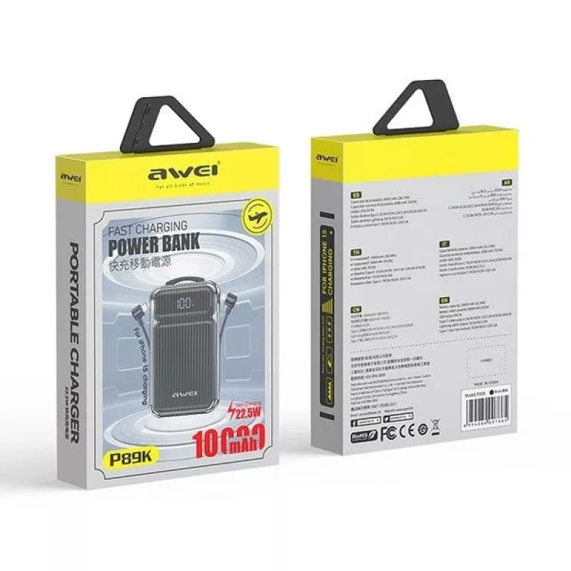 Ārējais akumulators 10000mAh 38,5 W P89K integr. kabeļi