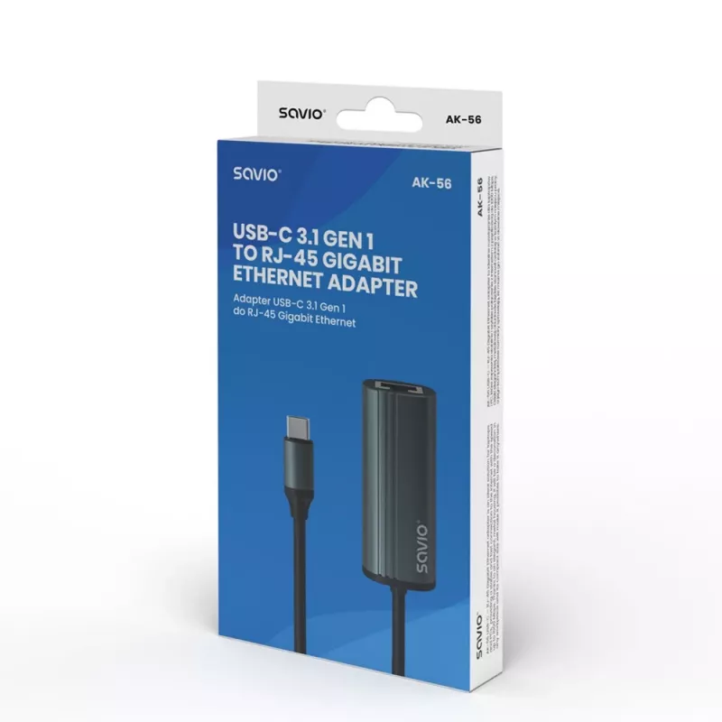 SAVIO Adapter USB-C 3.1 Gen.1 (M) uz RJ-45 Gigabit Ethernet (F), 1000 Mbps, AK-56, pelēks
