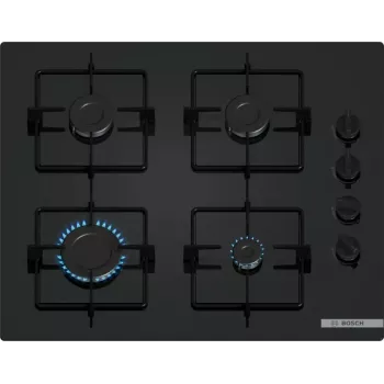 Iebūvējamā gāzes plīts virsma Bosch Serie 2 POP6B6K30 60 cm, 4 gāzes zonām, melns rūdīts stikls, grozāmie slēdži