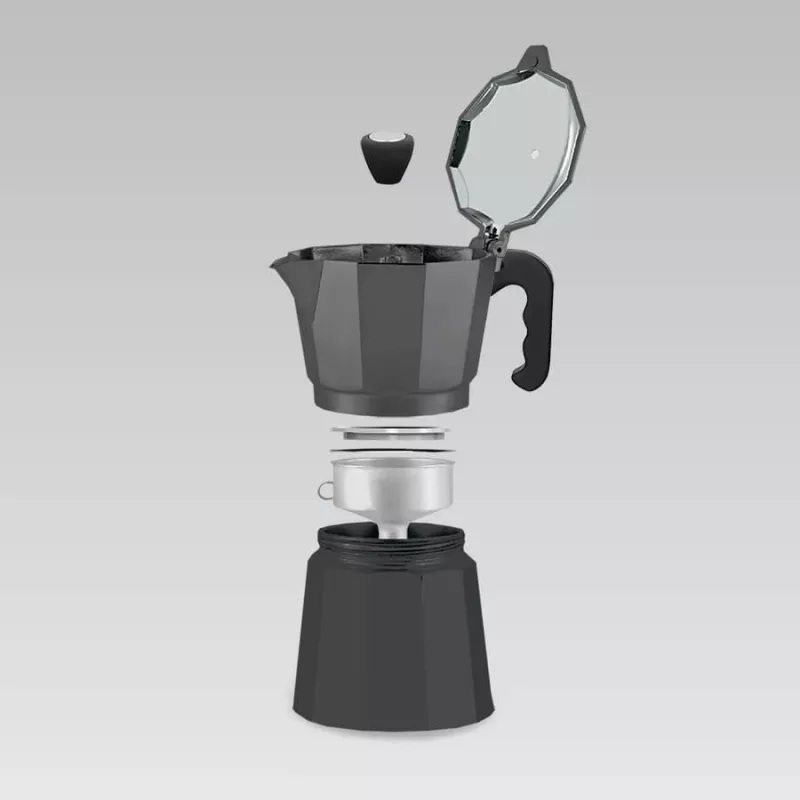 Moka katliņš Maestro MR-1666-6-Melns — manuālā plīts virsmas kafijas automāts, 6 krūzes, 300 ml, melns alumīnijs