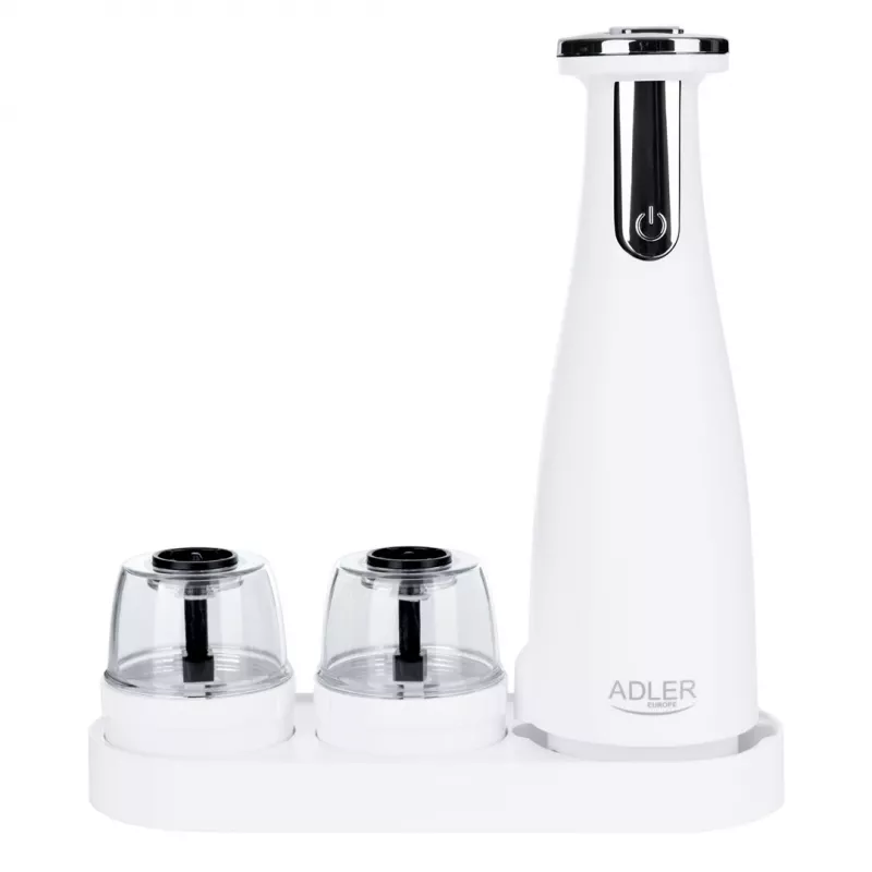 Burr sāls un piparu dzirnaviņu komplekts Adler AD 4449W Steel balta, keramiskas dzirnakmeņi, 150 ml, USB-C uzlādējams