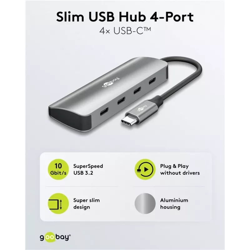 Goobay Slim 4-Port USB-Hub USB-C līdz 10 Gbit/s - -Plug> 4x (76565)