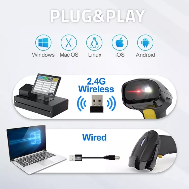 Bezvadu svītrkodu skeneris QOLTEC 50856 — 1D un 2D bezvadu rokas, USB saskarne, ABS korpuss, 170×62×100 mm, 203 g