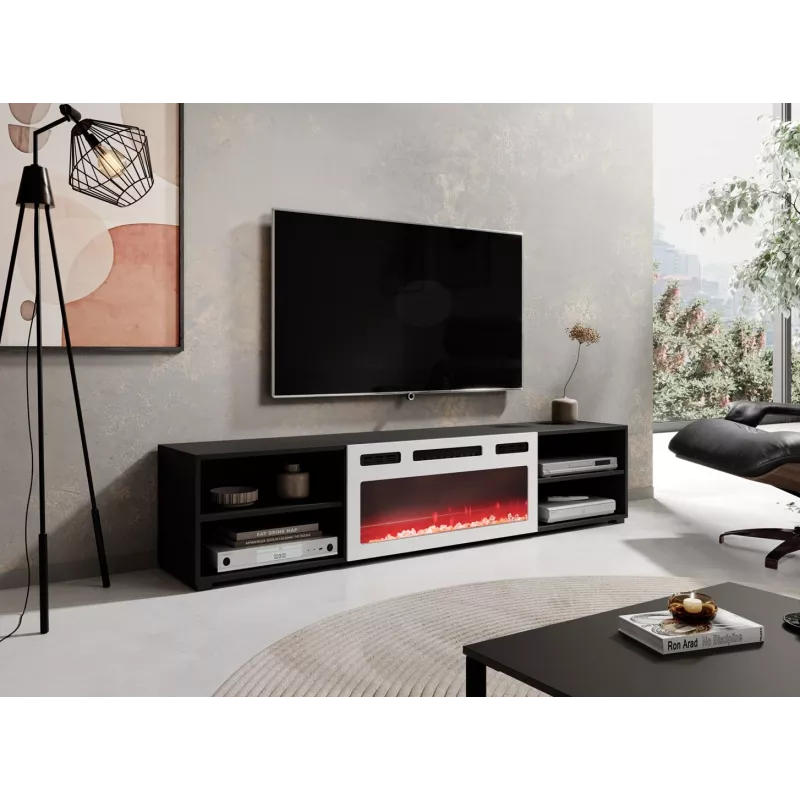 RTV skapis POLO 180x33x39 melns + kamīns balts
