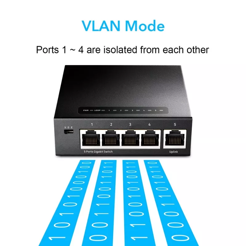 Tīkla slēdzis Cudy GS105 — 5 portu Gigabit Ethernet (10/100/1000), melns, 5 V DC barošana iekļauta