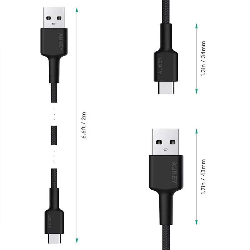 USB-C uz USB-A kabelis Aukey CB-CA2, neilona pinums, ātrā uzlāde 3A, 1 m