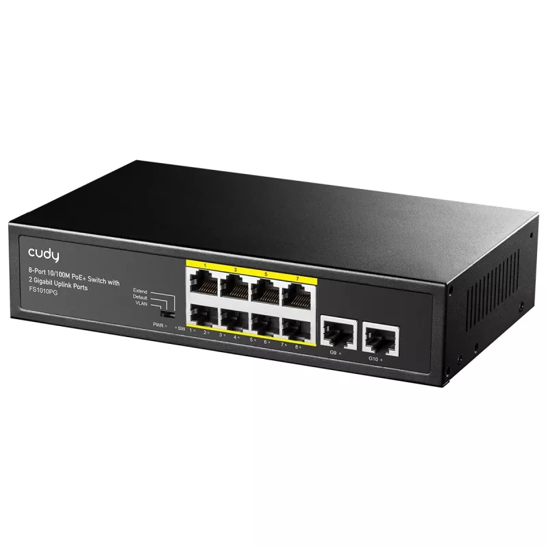 Tīkla slēdzis Cudy FS1010PG — 10/100 Mbps, 8 PoE porti, 2 augšupielādes porti, 120 W PoE budžets, metāla korpuss