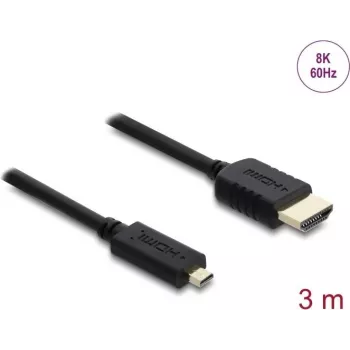 HDMI kabelis DELOCK 81692 — 3 m, HDMI Type A (Standard) uz HDMI Type D (Micro), 48 Gbit/s, līdz 7680×4320, zelta pārklājuma kontakti, melns