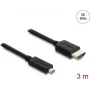 HDMI kabelis DELOCK 81692 — 3 m, HDMI Type A (Standard) uz HDMI Type D (Micro), 48 Gbit/s, līdz 7680×4320, zelta pārklājuma kontakti, melns