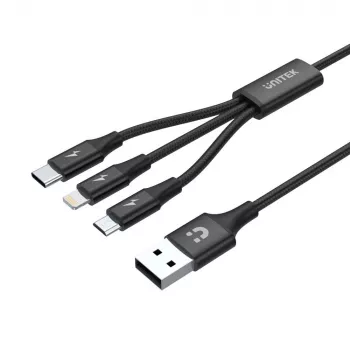 USB kabelis Unitek C14049BK — USB-C uz Micro-USB B/Lightning, USB 2.0, 1,2 m, melns