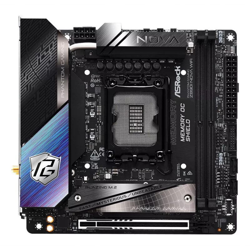 Mātesplate ASRock Phantom Gaming Z890I Nova WiFi — Intel Z890, LGA 1851, mini ITX, DDR5, 2x M.2, Wi‑Fi 6E/7, 5Gb LAN, Thunderbolt