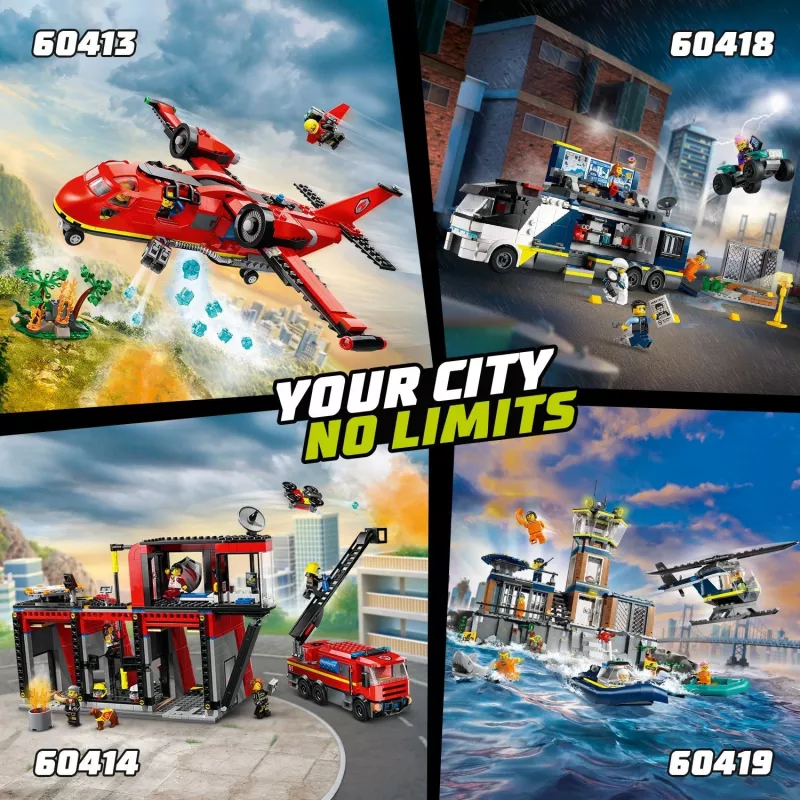 Konstrukciju rotaļlieta LEGO City Ugunsdzēsēju stacija ar grozāmo kāpņu transportlīdzekli 60414 — 843 detaļas, 5 minifigūras, 220×320×140 mm