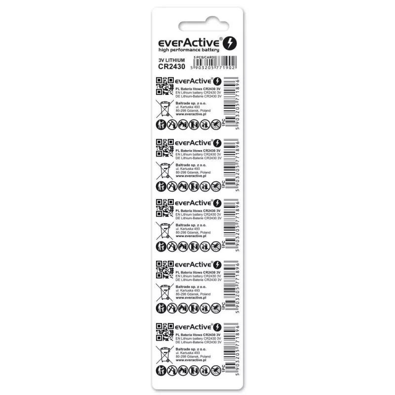 Pogveida baterija everActive CR2430 litija 3 V, 24,5 mm × 3 mm, iepakojumā 5
