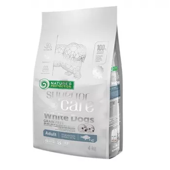 Sausā suņu barība nature’s protection balta Dogs GF balta Fish Adult Small 4 kg — bez graudiem, olbaltumvielas 24%, tauki 13%