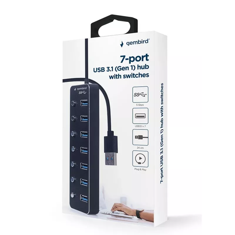USB centrmezgls Gembird UHB-U3P7P-01, 7 portu USB 3.2 Gen 1 (Type-A), 0,24 m kabelis, melns