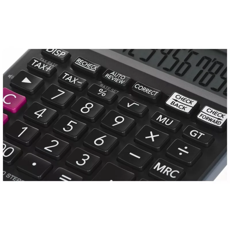 Galda kalkulators CASIO MJ-120D PLUS — pamata 12 ciparu, baterija/saules enerģija, 35 taustiņi, nodokļu aprēķins un kvadrātsakne, melns