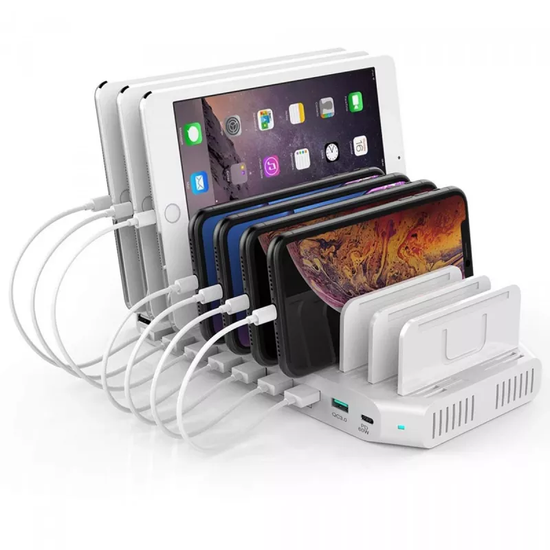 Uzlādes stacija Unitek Y-2190A — 10 × USB ports (8 × USB 2.0 + 2 × USB 3.2 Gen 1), bezvadu uzlāde, 96 W kopējā jauda