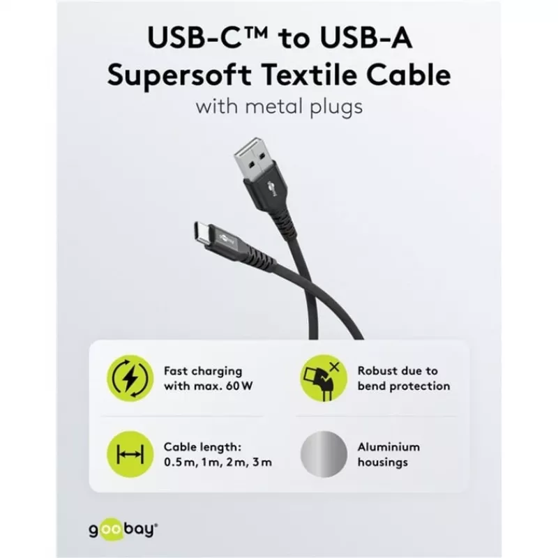 Goobay USB kabelis-C Fabric Supersoft ar metāla savienotājiem, 2 m, melns (2m, USB 2.0, 60W), USB kabelis