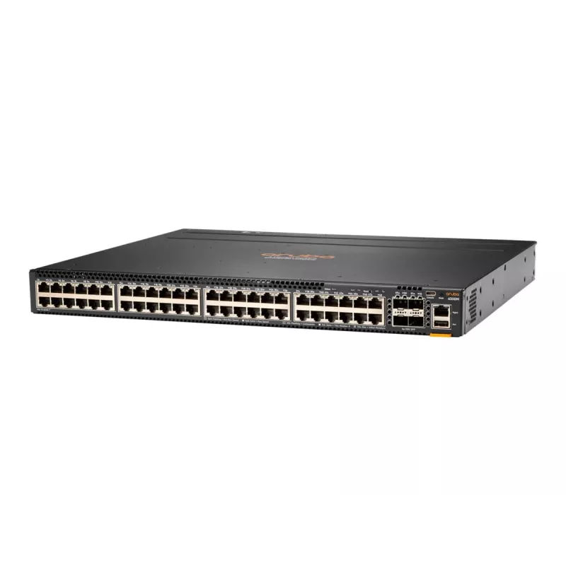 HPE - Aruba 6300M - Slēdzis - L3 - pārvaldīts - 48 x 10/100/1000 (1 PoE+) + 4 x 1 Gigabits / 10 Gigabits / 25 Gigabits / 50 Gigabits SFP56 (Augšupielāde / Sakraušana) Priekšpuse un Sāni uz Aizmuguri