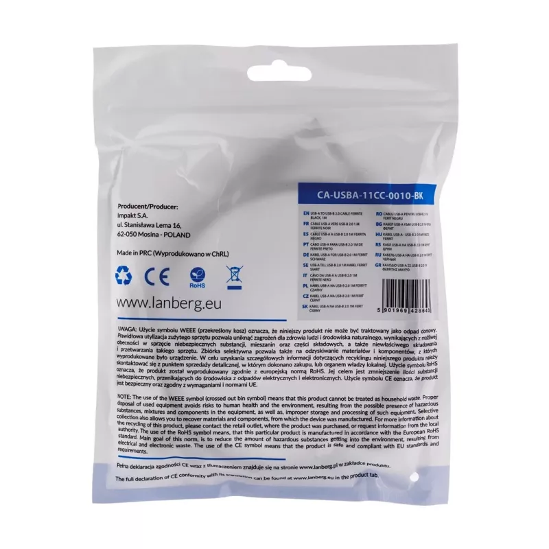 Lanberg CA-USBA-11CC-0010-BK USB kabelis 1 m 2.0 USB B Melns