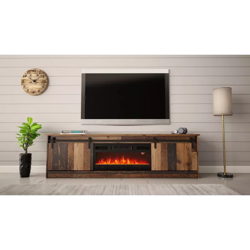 TV skapis Cama Meble GRANERO ar kamīna skapi, 2000×567×350 mm, skaidu plātne/MDF, 2 bīdāmas durvis, matēts vecā koka izskats