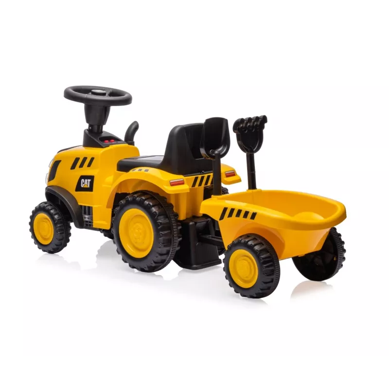 CAT traktors ar piekabi, dzeltens, braucamais